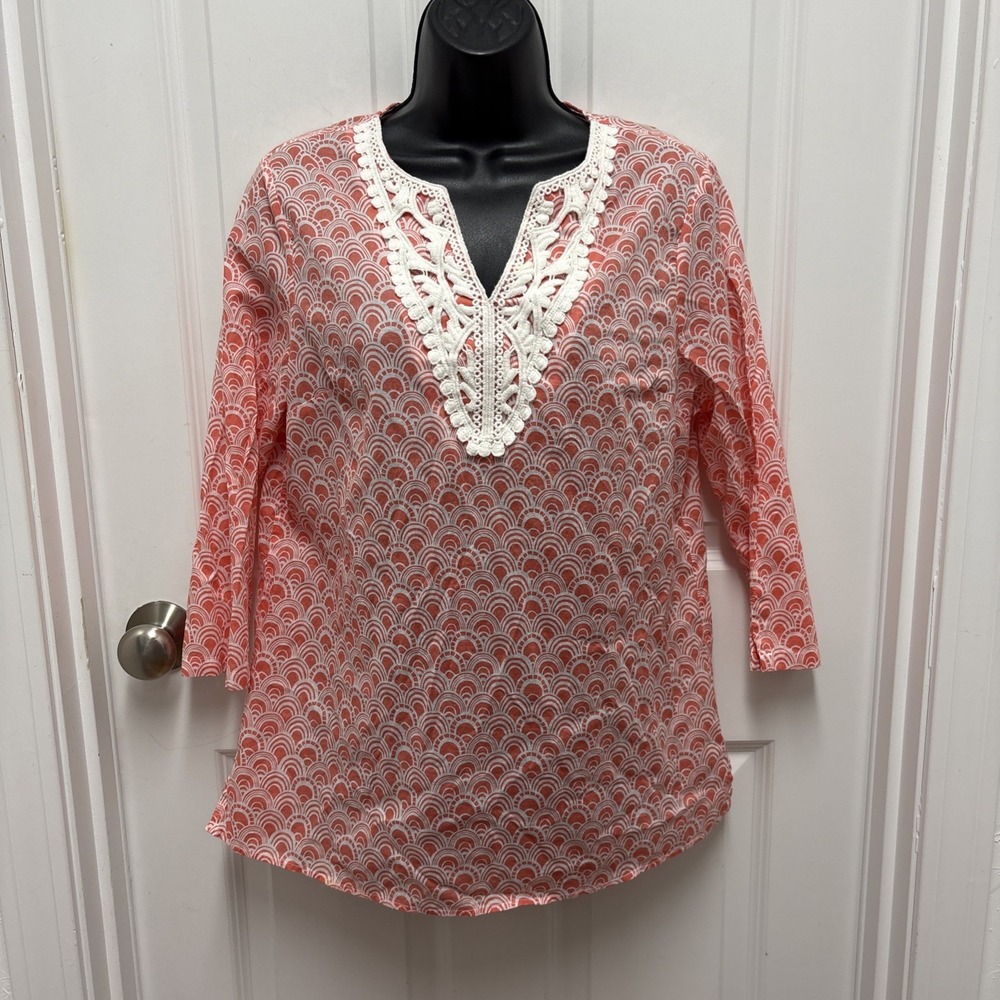 Woman's Calypso Tropical Resortware Peach White Embroidered Tunic - Size Large